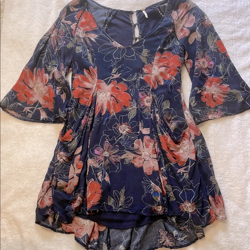 Free People Floral Navy and Orange Lined Dress Size 0 EUC